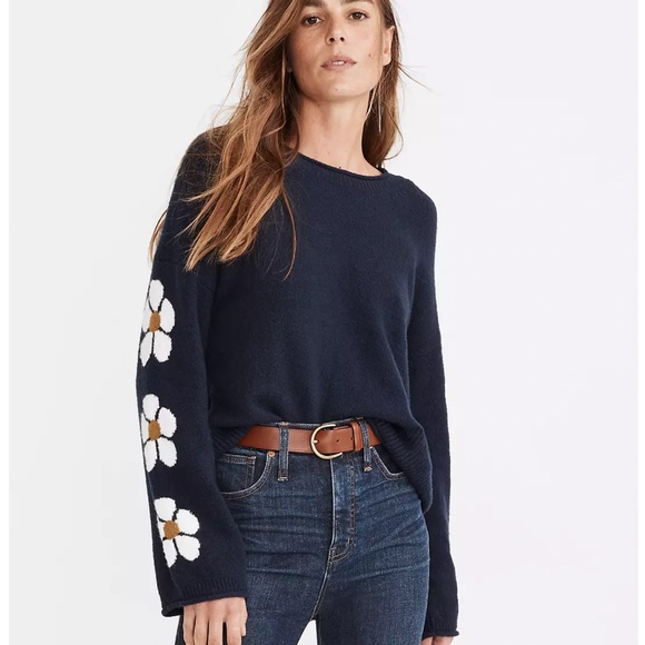 NWT! Sold Out Item!! Madewell Belmore Floral-Sleeve Pullover Sweater Navy Size S - Picture 1 of 13